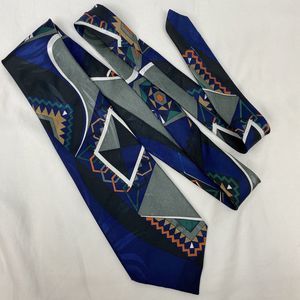 Dimoda Men's Necktie Navy Blue Abstract Pattern Green Orange Black Silk Tie 55”